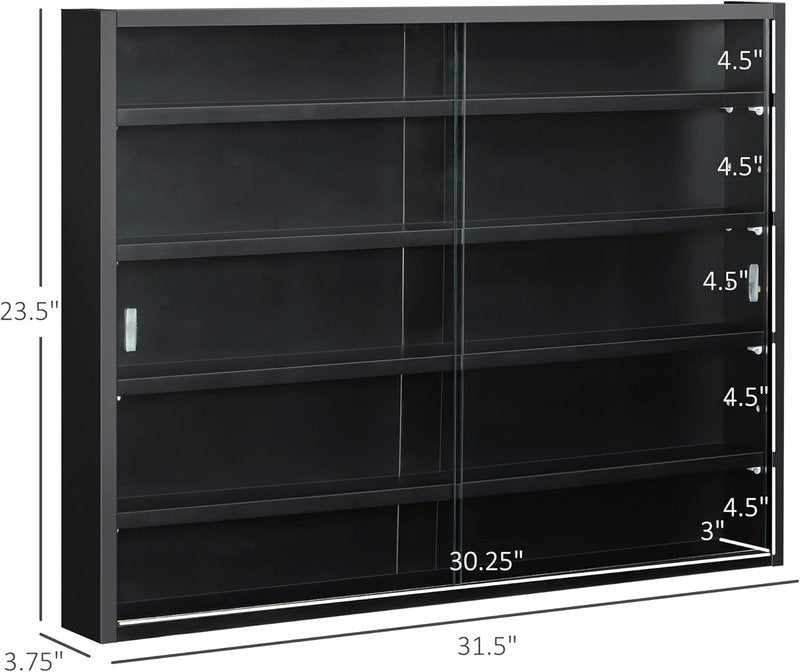 5-Tier Display Cabinet - Glass Door Design with Adjustable Shelves | Wall-Mounted for Playroom or Bedroom - Black