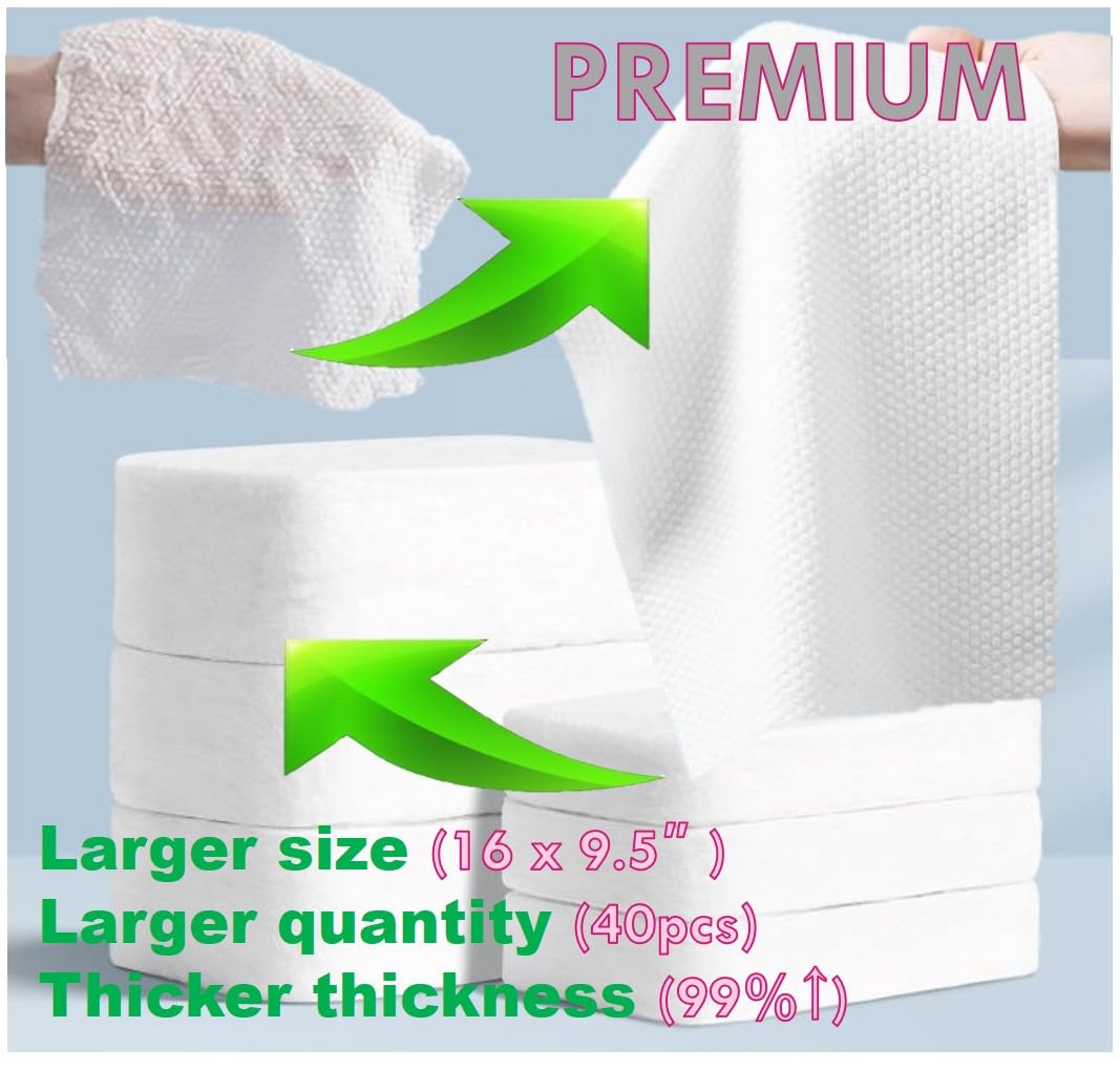 Premium Disposable Washcloths for travel, 40pcs Portable Disposable Pure Cotton Compressed Towels for Face Hand Washing, Thick Large, Reusable Compact, for traveling Camping, Hiking, Backpacking