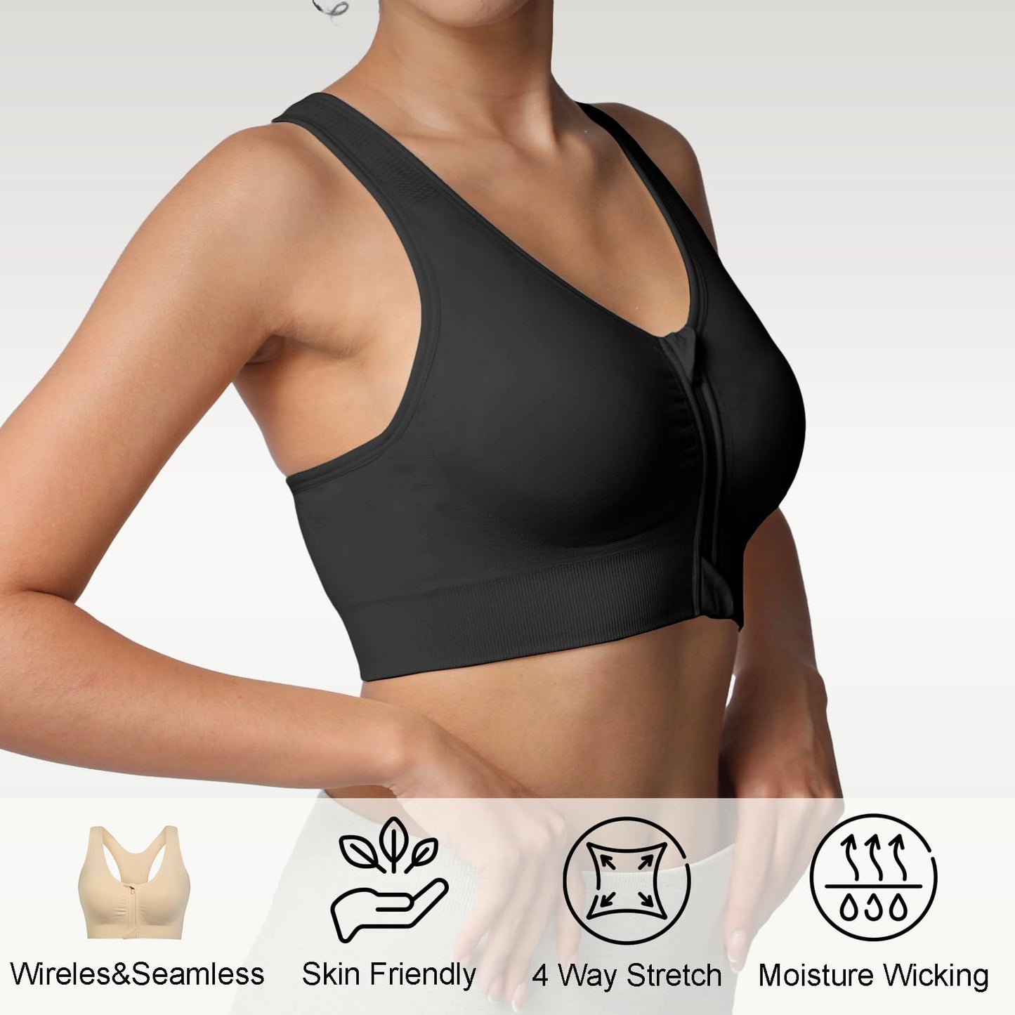 Lemef Front Zipper Sports Bras for Women Wirefree Post Surgery Bra Front Closure Racerback Compression Mastectomy Bras Black L