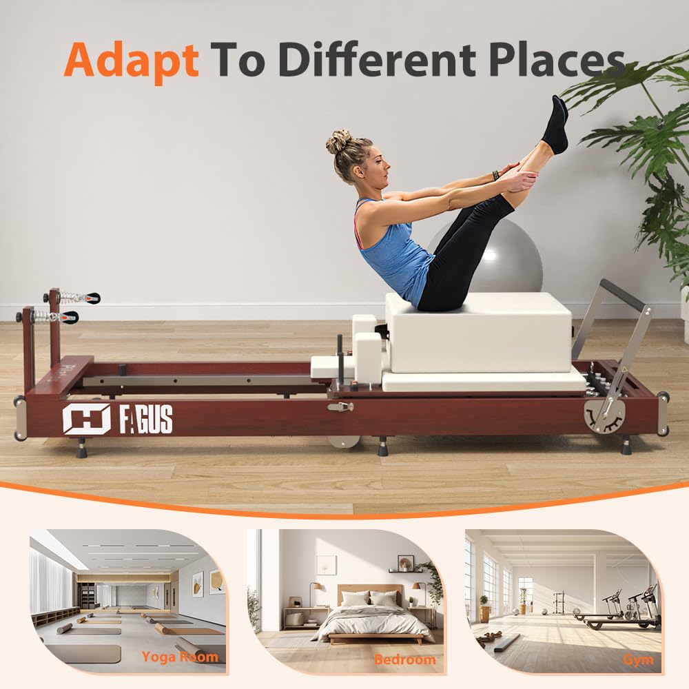 FAGUS H Foldable Pilates Reformer, Wooden Pilates Reformer Workout Machine for Studio Home Gym Yoga Strength Training with Reformer Accessories, Reformer Box, Padded Jump Board, RedRose/White Pad