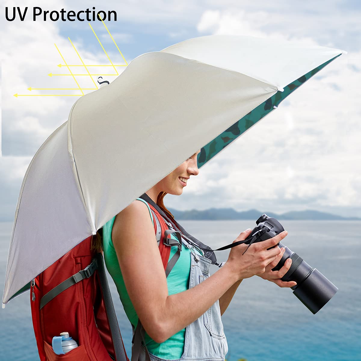 Bocampty Umbrella Hat, 37 inch Fishing Umbrella Hat Hands Free Foldable UV Protection Umbrella Cap Adjustable Headwear for Fishing Golf Camping Beach Gardening Sunshade Outdoor