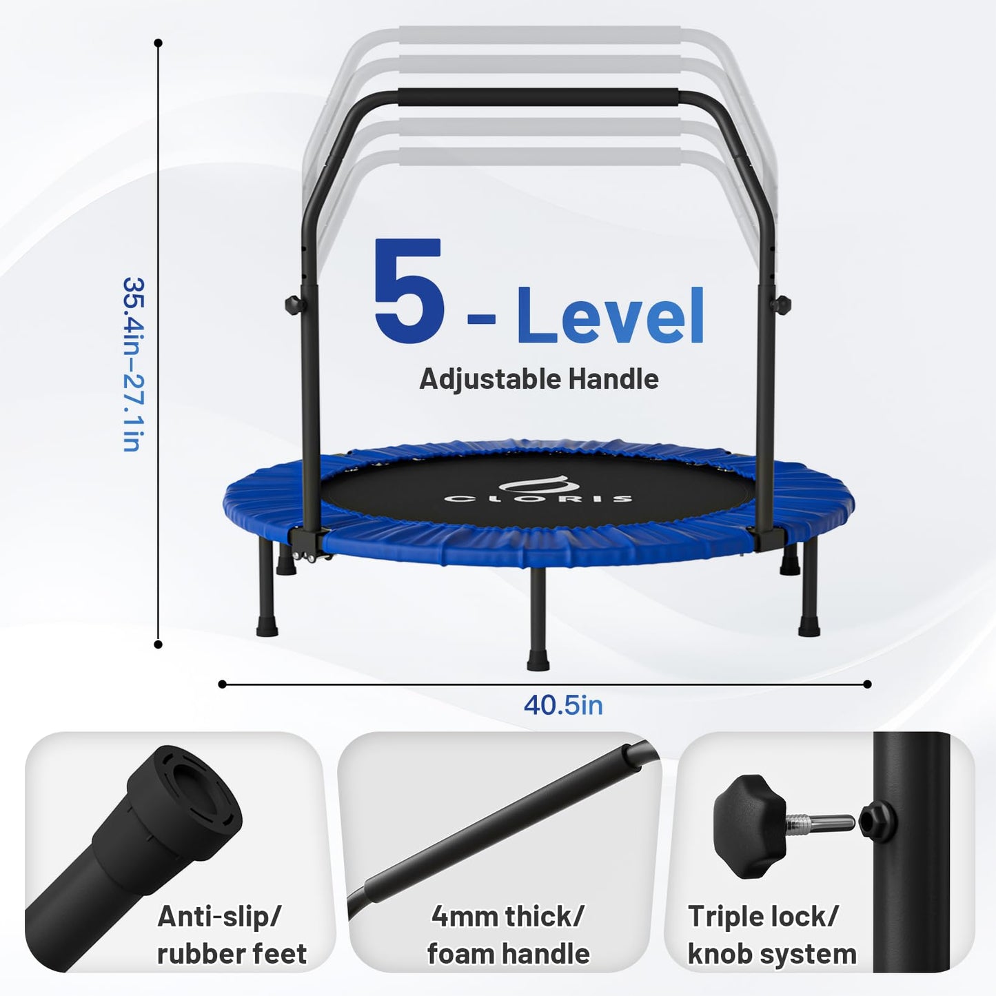 CLORIS Rebounder Trampoline for Adults 40 Inch, 400 lbs Capacity with 5-Level Adjustable Bar, Foldable Mini Indoor Fitness Workout Exercise Equipment Blue