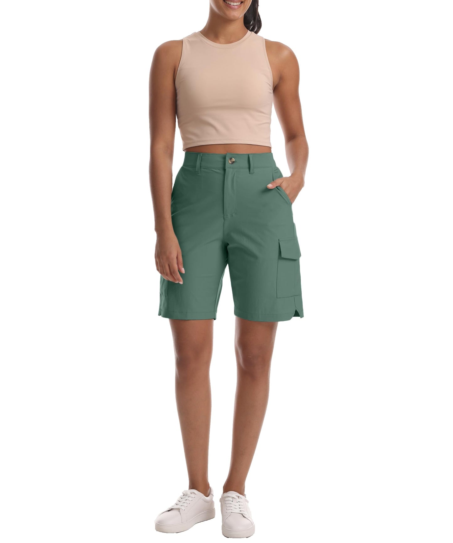 Kcutteyg Women's Lightweight Hiking Cargo Shorts with Pockets-8" Inseam Water Resistant Athletic Shorts for Golf Camping Casual(Grey Green, X-Large)