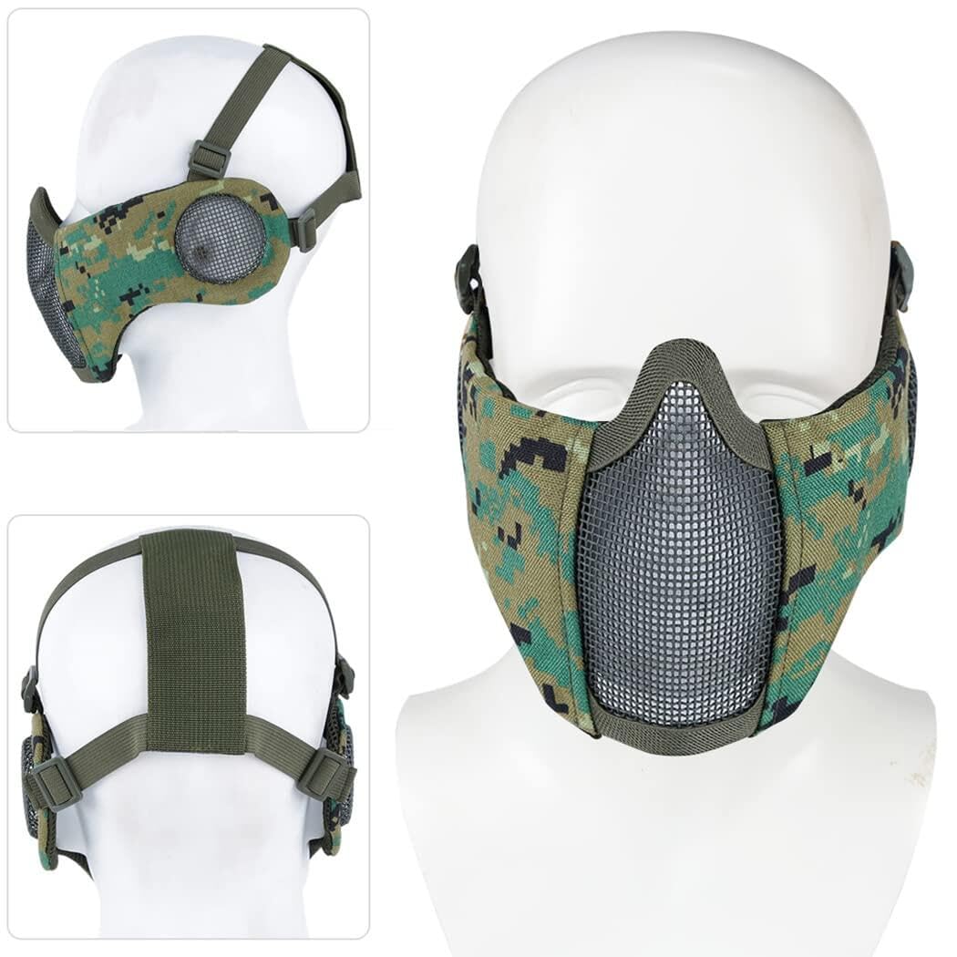 Yzpacc Airsoft Mask with Goggles, Foldable Half Face Airsoft Mesh Mask with Ear Protection for Paintball Shooting CS Game