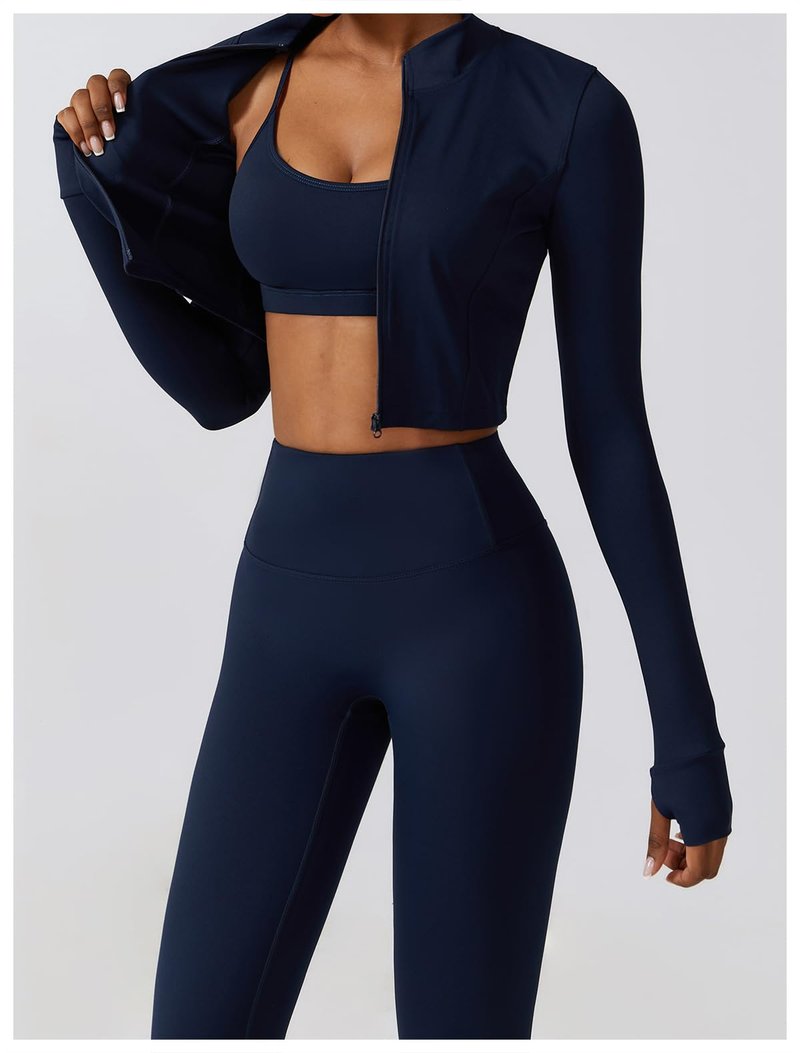 3 Piece Women Workout Set Sports Bra Crop Top Jacket with Thumb Holes Tummy Control High Waist Leggings M Navy Blue