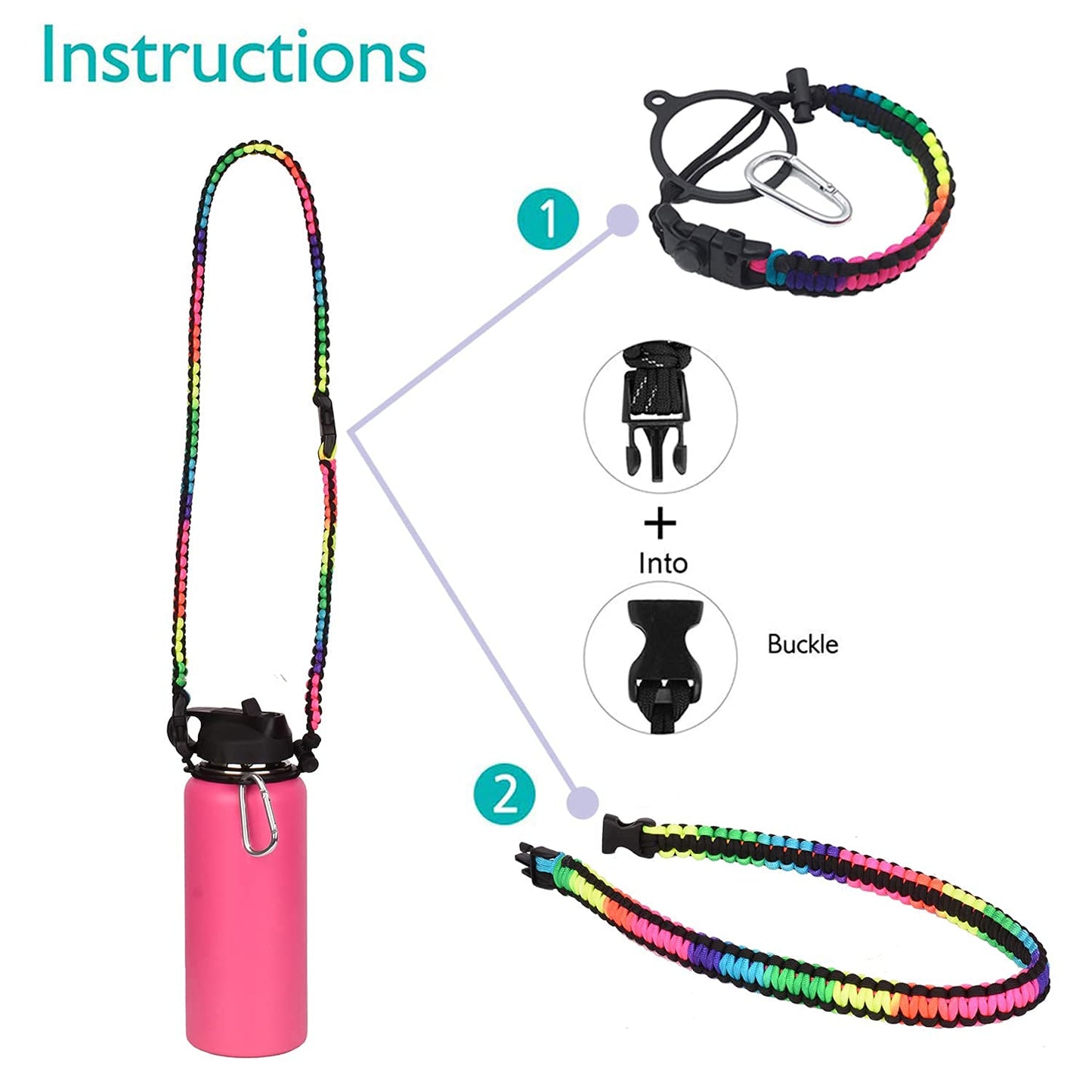 Wongeto Paracord Handle Carrier Holder with Shoulder Strap,Compatible with Hydro Flask Wide Mouth Water Bottles 12oz - 64 oz and Other Wide Mouth Water Bottle for Walking Hiking Camping (Rainbow)