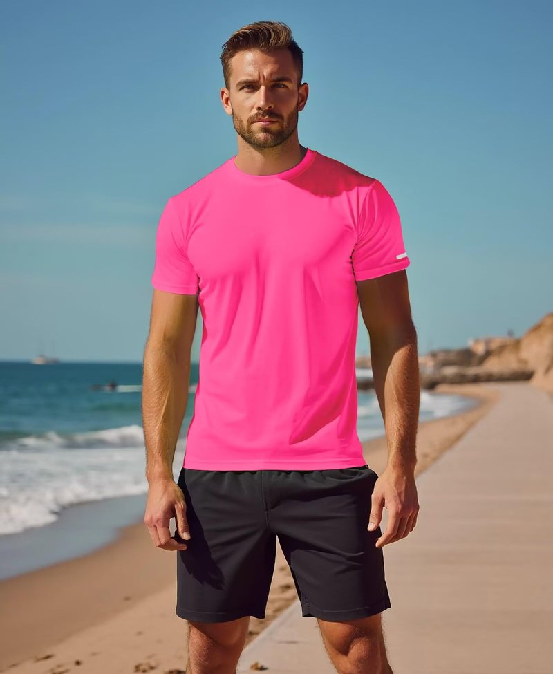 RGJU Workout Shirt Men Moisture Wicking Running T-Shirt(neon Pink,M)