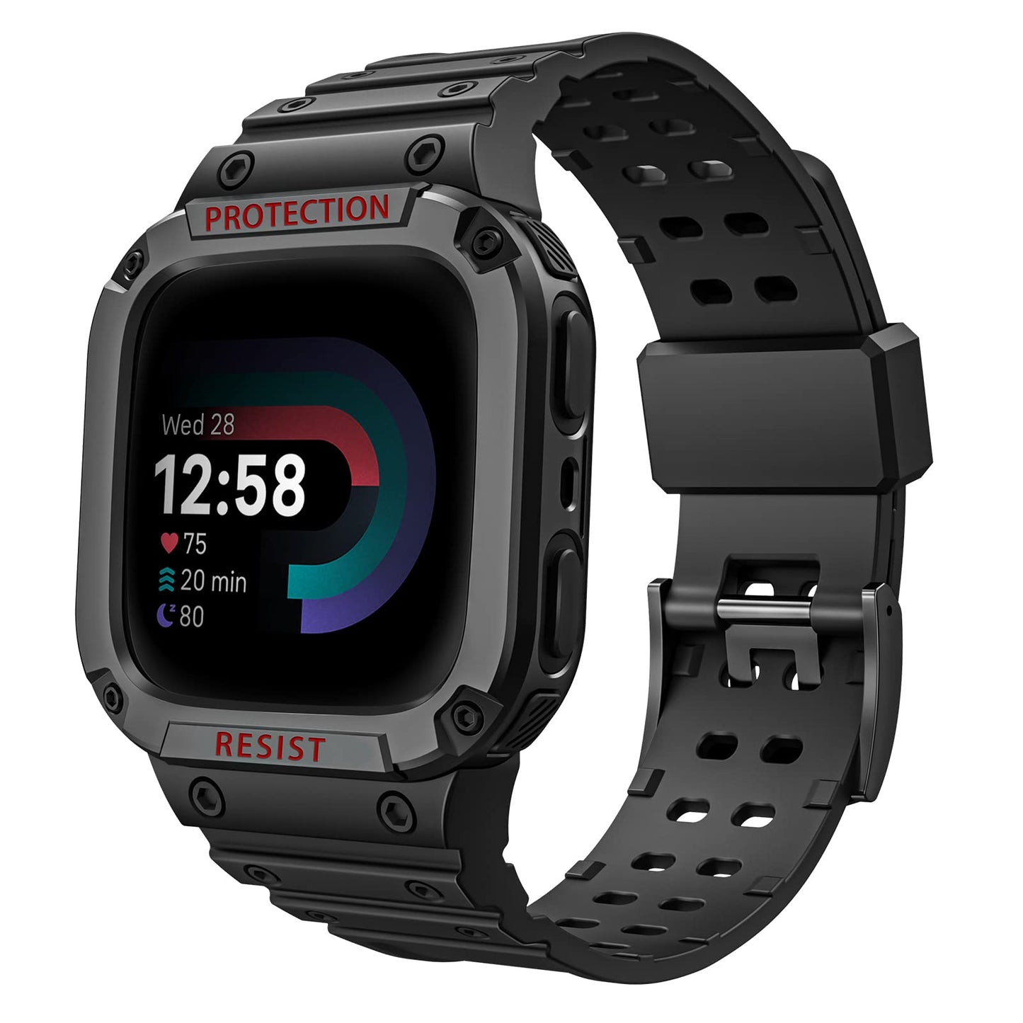 Fintie Bands with Case Compatible with Fitbit Versa 4/3/2/1/Versa Lite/Fitbit Sense 2/Sense, Protective Case Strap Rugged Sport Band Men, Black