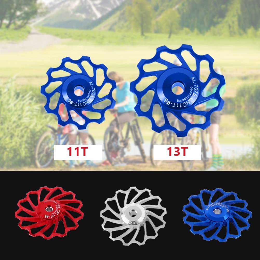 Ceramic Bearing Derailleur Pulley, Smooth Rolling Low Friction, 11T Road Bike Pulley Wheels, 2Pcs Blue for Cyclists Mechanics Road Cycling Maintenance
