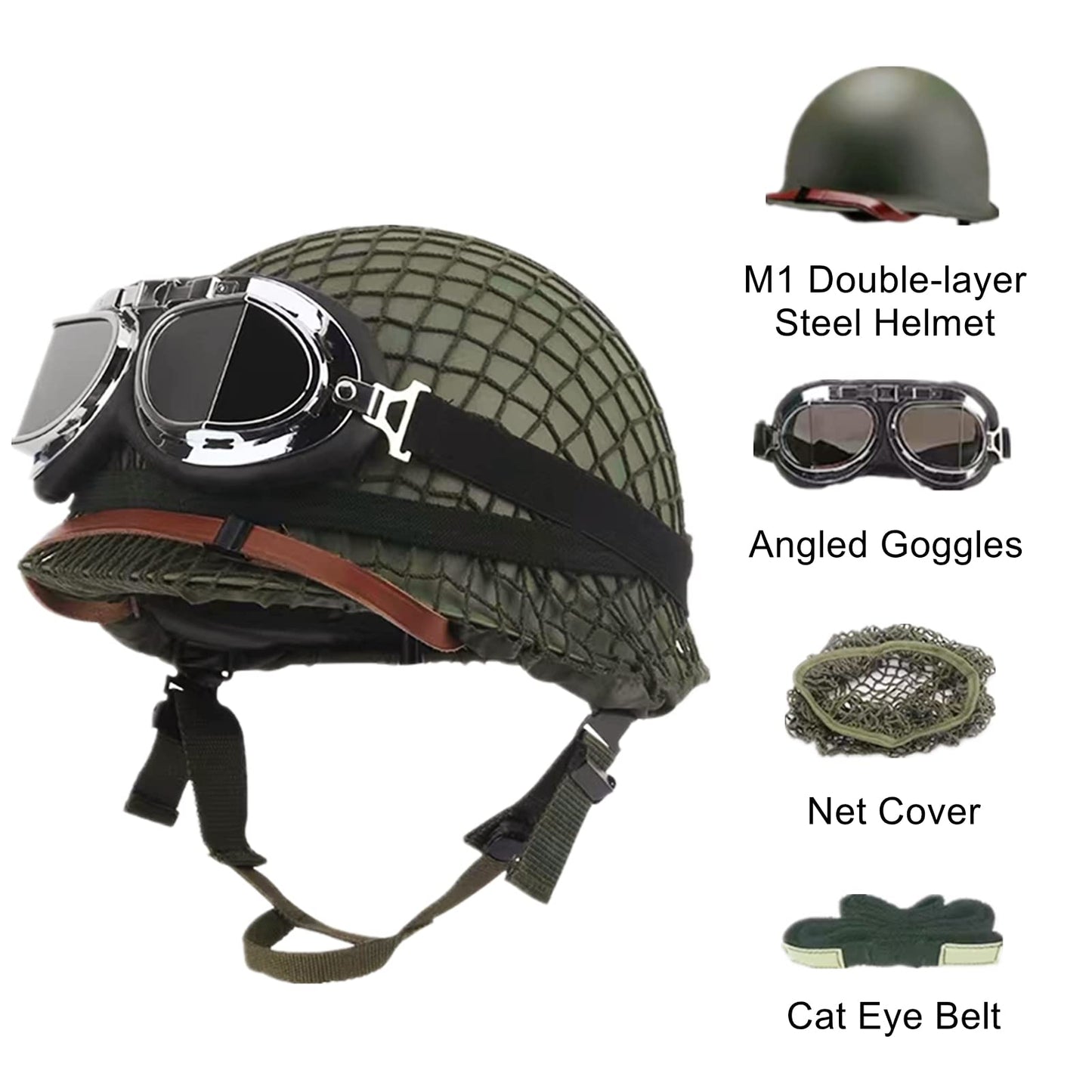 SYLPHID Outdoor Green WW2 US M1 Helmet Steel Field with Net Cover cat Eye Belt and Goggles