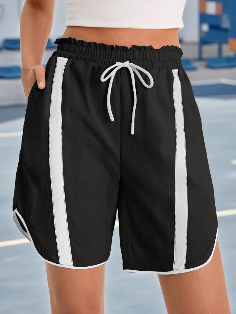 Fisoew Womens Baggy Cargo Shorts Casual Wide Leg Knee Length Drawstring Elastic Waist Workout Running Athletic Yoga Shorts Black