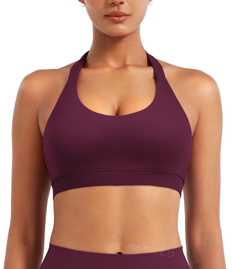 YEOREO CoreFlex Women Halter Sports Bra Workout Seamless Padded Basic Bra Open Back Yoga Gym Crop Top Black Cherry-S