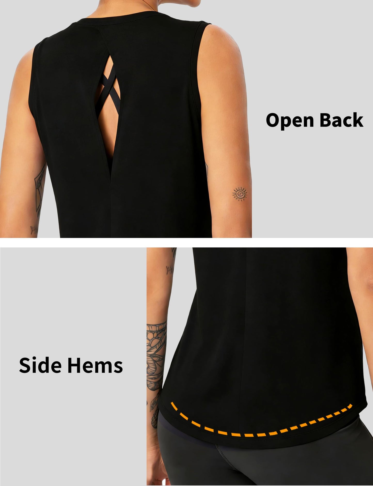 CHALLMOTI Women's Workout Tops Yoga Tank Tops Loose Fit Sleeveless Open Back Athletic Running Shirts Gym UPF50+ Black 3XL