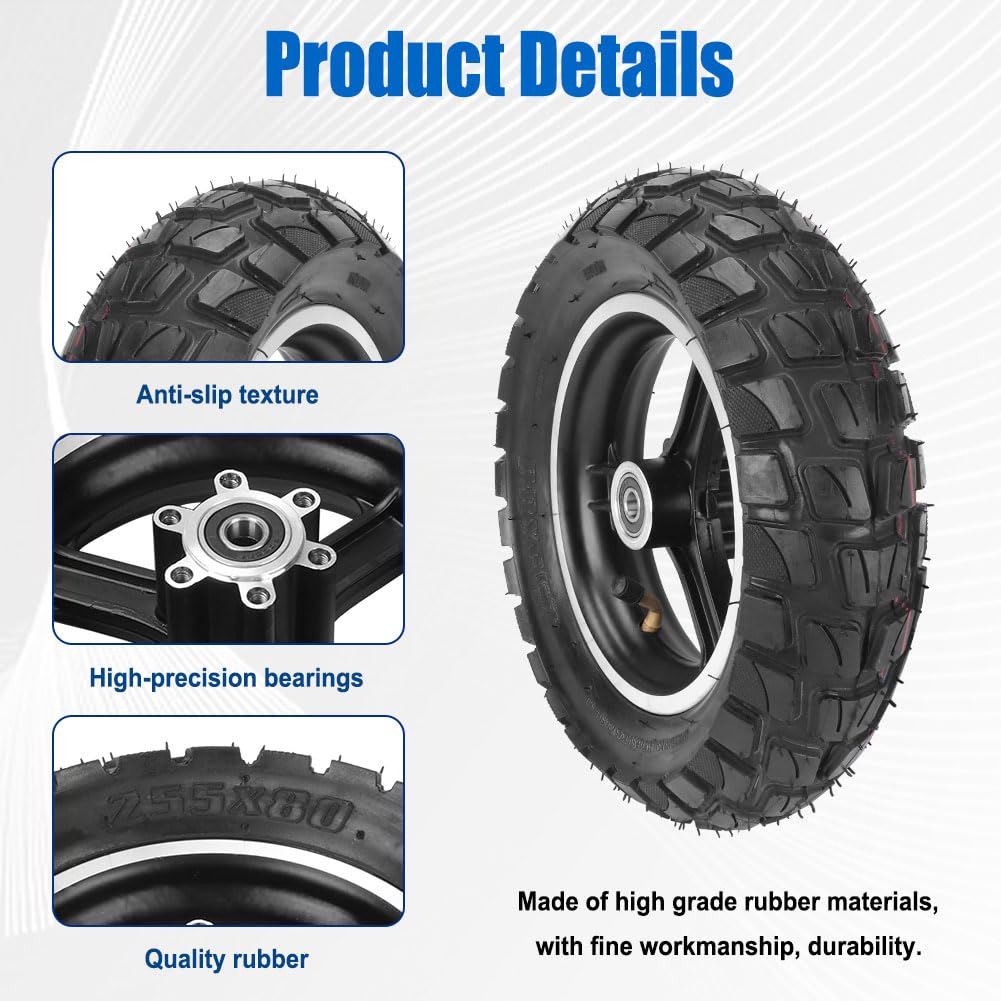 255x80 Scooter Tire with Hub 10 Inch Off Road Tyre Electric Scooter Tire with Inner Tube Non Slip Thickened Pneumatic Rubber Tyres Replacement for 80/65-6 10x3.0 Electric Balance Scooter