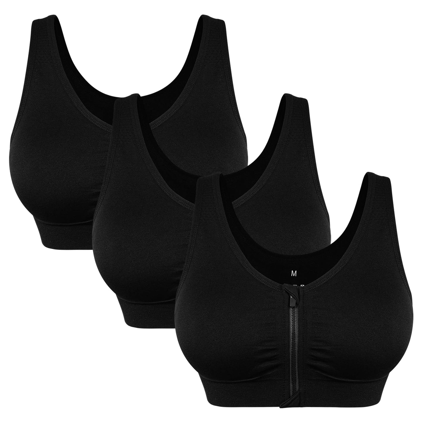 Women's Wireless Sports Bras with Zipper Closure - Comfortable Padded Post Surgery & Recovery Bras - 3 Pack