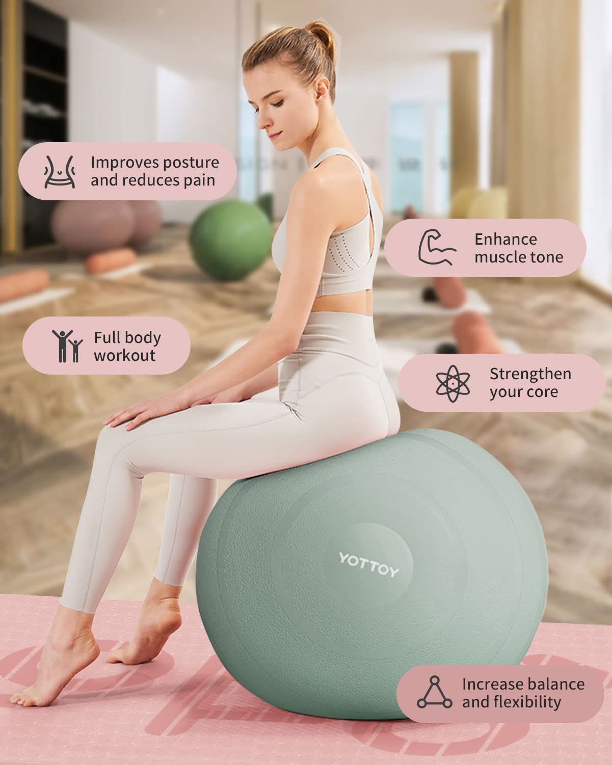 YOTTOY Anti-Burst Exercise Ball for Working Out, Yoga Ball for Pregnancy,Extra Thick Workout Ball for Physical Therapy,Stability Ball for Ball Chair Fitness with Pump (Green)