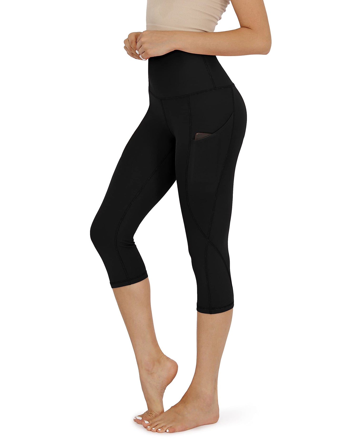 ODODOS Women's High Rise Yoga Capris with Pockets,Tummy Control Non See Through Workout Athletic Running Capri Leggings, Plus Size, Black,XX-Large