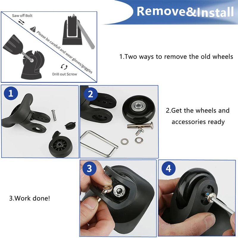50mm Set of 4 Luggage Suitcase Replacement Wheels for Trolley Case Travel Bags Caster Inline Roller Skating Roller Swivel Rubber Casters Bearings Repair Kits with Axles 30mm&35mm&60mm