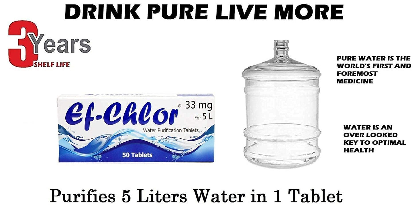 Ef-Chlor Water Purification Tablets/Drops (33 mg - 100 Tablets) - Potable Drinking Water Treatment Ideal for Emergencies, Survival, Travel, and Camping, Purifies 2.64 Gallons in 1 Tablet