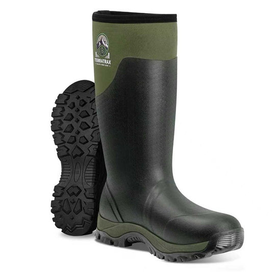 TerraTrax Men's Waterproof Insulated Rubber Hunting Boots – 6mm Neoprene Rain Boots for Outdoor Work, Fishing, Farming & Gardening Green Size 12