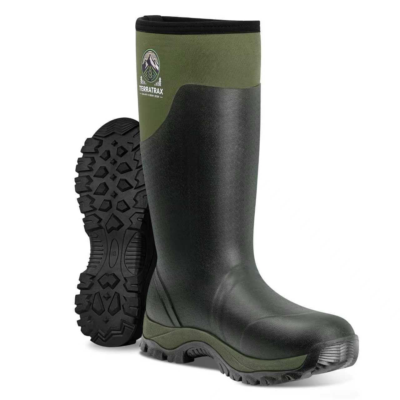 TerraTrax Men's Waterproof Insulated Rubber Hunting Boots – 6mm Neoprene Rain Boots for Outdoor Work, Fishing, Farming & Gardening Green Size 13