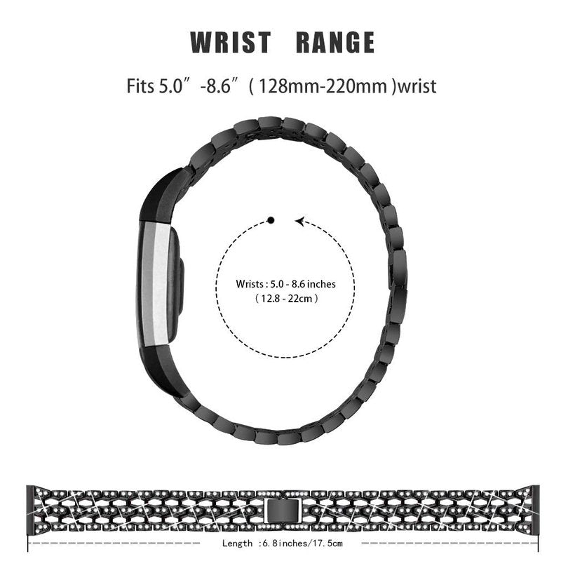 GIMart Bling Strap Compatible For Fitbit Charge 2 Strap, Women Men Stainless Steel Rhinestone Replacement Charge 2 Band Wrist Strap Metal Bracelet Wristband for Fitbit Charge 2 HR Fitness Tracker (Black)
