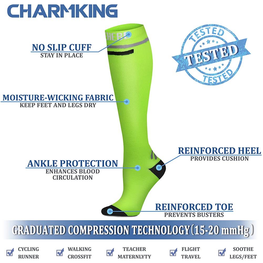 CHARMKING Compression Socks for Women & Men Circulation 15-20 mmHg is Best Graduated Athletic for Running, Flight Travel, Support, Pregnant, Cycling - Boost Performance, Durability (L/XL, Multi 11)