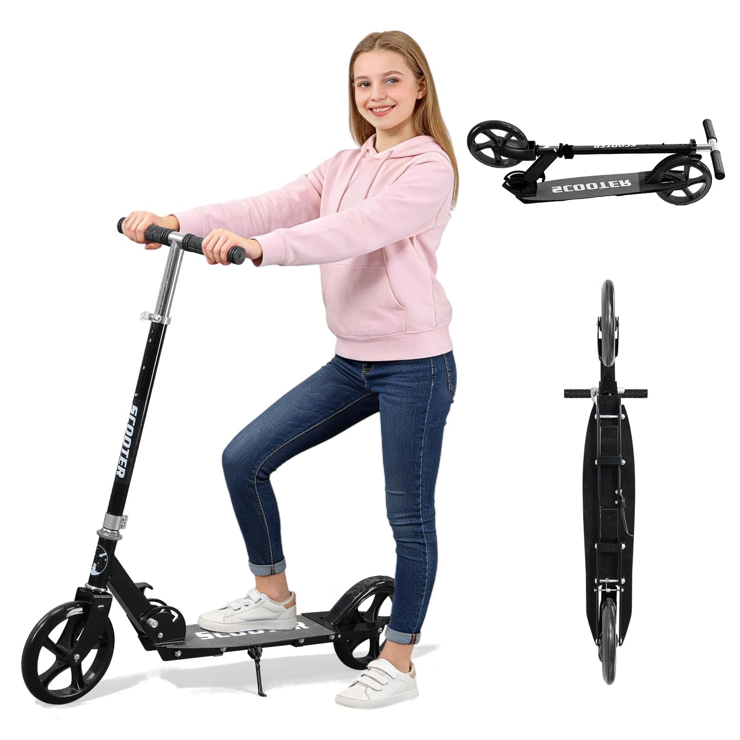 Kick Scooter Scooters for Kids Teens Adults - Heavy Duty Folding Scooters,Non-Slip Large Deck,Portable for Travel,Adjustable for 5-8 8-12 6+ Year Old Age Boys Girls Up to 300 Lbs - Black