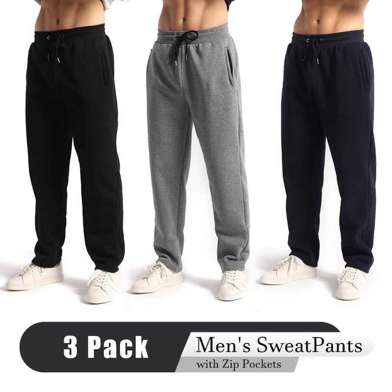 OAKVON Men’s 3 Pack Fleece Sweatpants with Pockets, Active Athletic Pants Workout Jogger Open Bottom