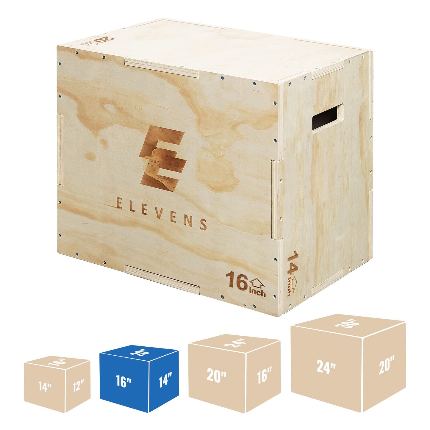 Elevens 3 in 1 Wooden Plyo Box Jump Box Plyometric Box for Jumping Trainer, Skipping, Jumping, Lunges, Box Jumps, Squats, Step-Ups, Dips (20"x14"x16")