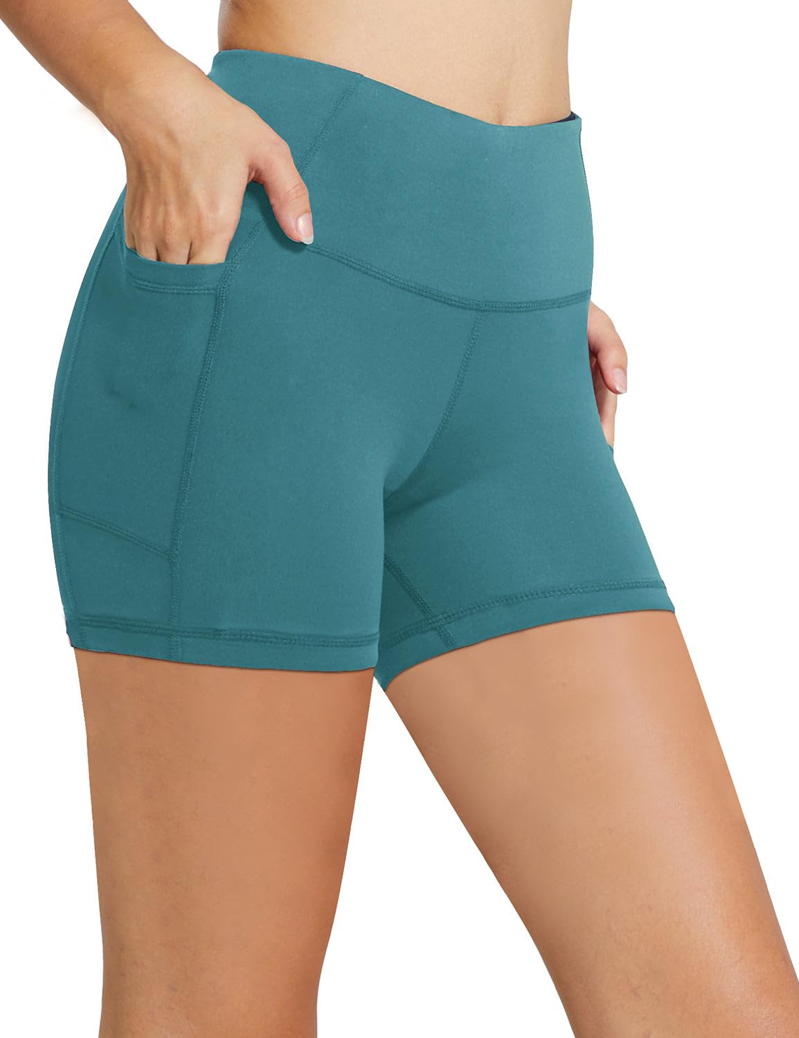 baleaf Biker Shorts Women Yoga Gym Workout Spandex Running Volleyball Tummy Control Compression with Pockets 5" Green M
