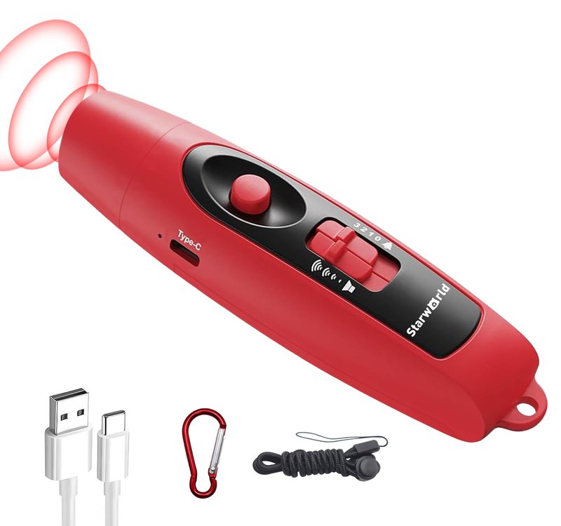 StarWorld Rechargeable Bear Horn - 120dB Electronic Air Horn for Bears with 4 Volume Levels & 3 Tones, Audible 0.5 Miles, LED Safety Light for Hiking, Camping, Wildlife Defense (red)