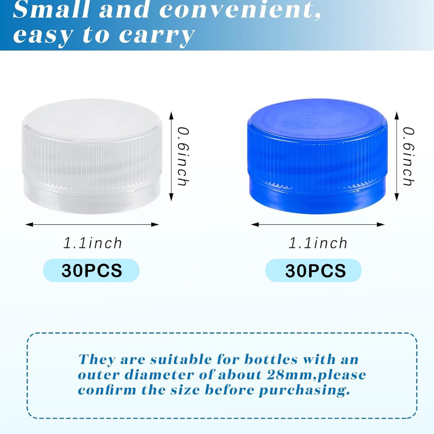 Dandat 60 Pcs Water Bottle Caps Plastic Screw Lids 28mm Leak Free Reseal Caps for Drink Concerts Sports Festivals (White, Blue)