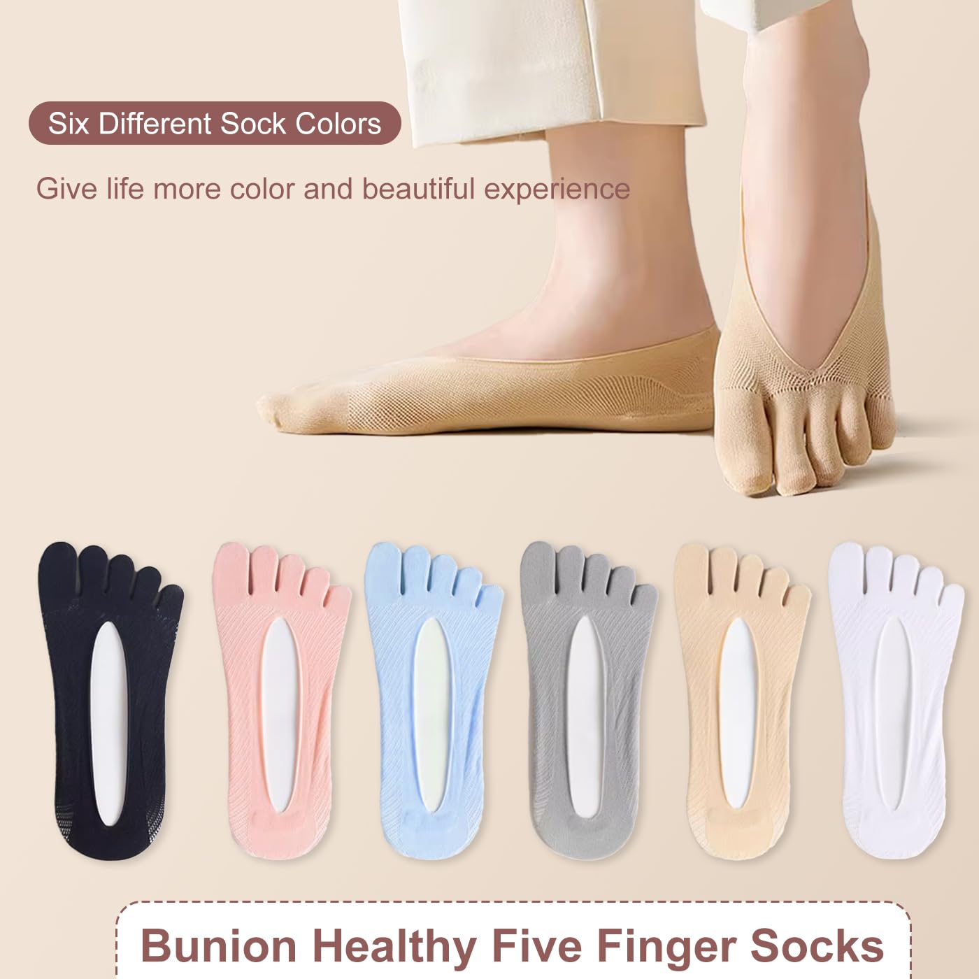 MoHern 6 Pairs Toe Socks for Bunions, Low Cut Sockalign USA Toe Socks for Women, Five Finger Bunion Socks for Women