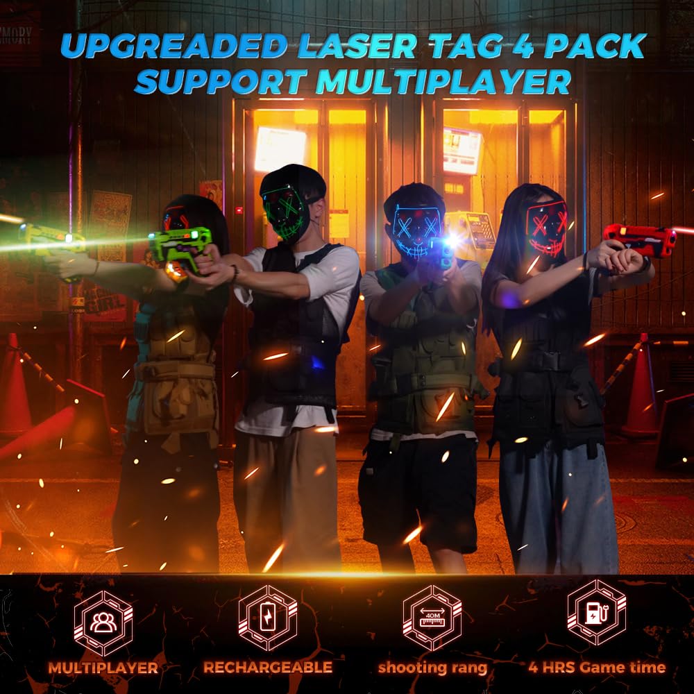 VATOS Rechargeable Infrared Laser Tag Set - 4 Player Toy Blaster with Charging Station, No Vests Needed, Infrared Laser tag with Data Display for Kids Teen Adults Family Group Activity Game