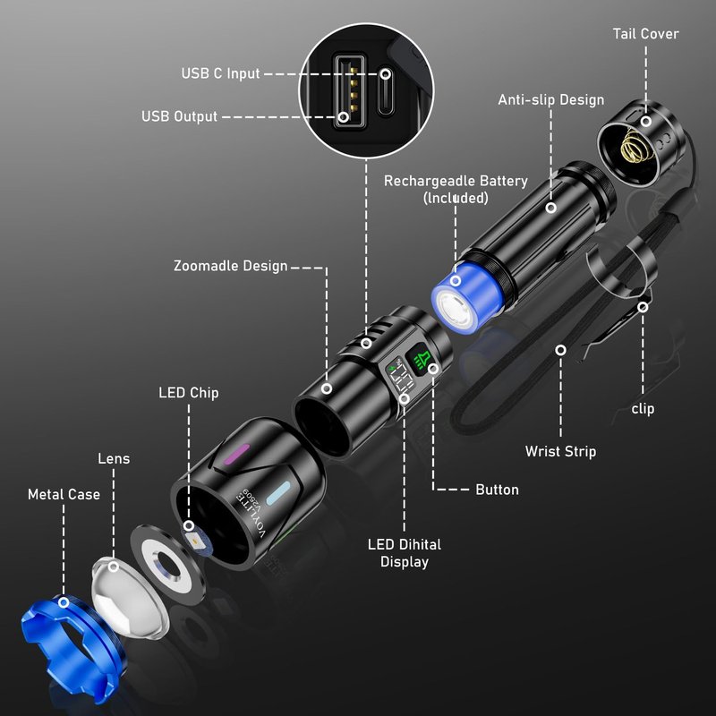 Voylite Flashlights High Lumens Rechargeable 5000mAh with LCD Power Display, Super Bright 100000 Lumen Flashlight, IPX7 Waterproof, 3 Modes & Zoomable (1500m), Belt Clip for Camping, Hiking, Emergency