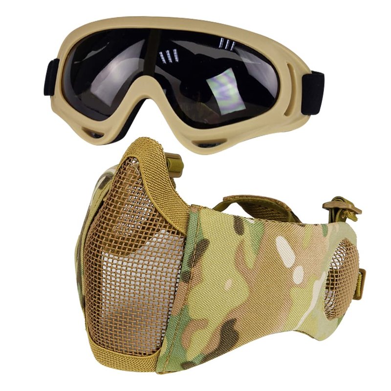 Yzpacc Airsoft Mask with Goggles, Foldable Half Face Airsoft Mesh Mask with Ear Protection for Paintball Shooting Cosplay CS Game