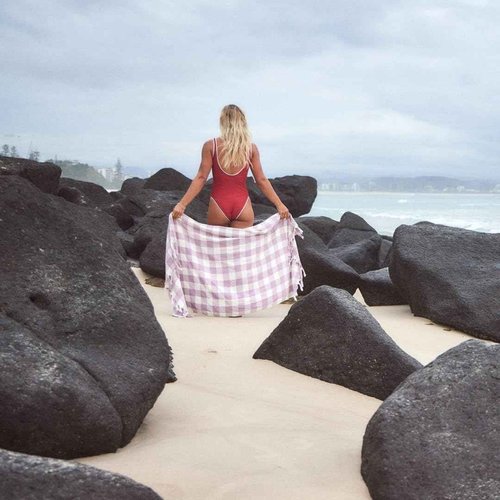 Slowtide Turkish Beach Towel – Ultra Lightweight, Quick-Dry & Sand-Resistant, 100% Sustainably Sourced Cotton with Drawcord Loop – 73 x 38 Inches (Ravello Purple)