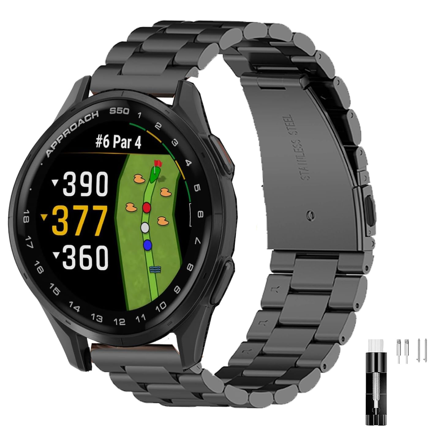 FitTurn 20MM Bands Compatible with Garmin Approach S50 S40 S42 S12/Forerunner 35/45/45s/55/158/165/245/645 Music Smartwatch, Replacement Metal Bracelet Premium Solid Stainless Steel Watch Band Strap Wristbands (Black)
