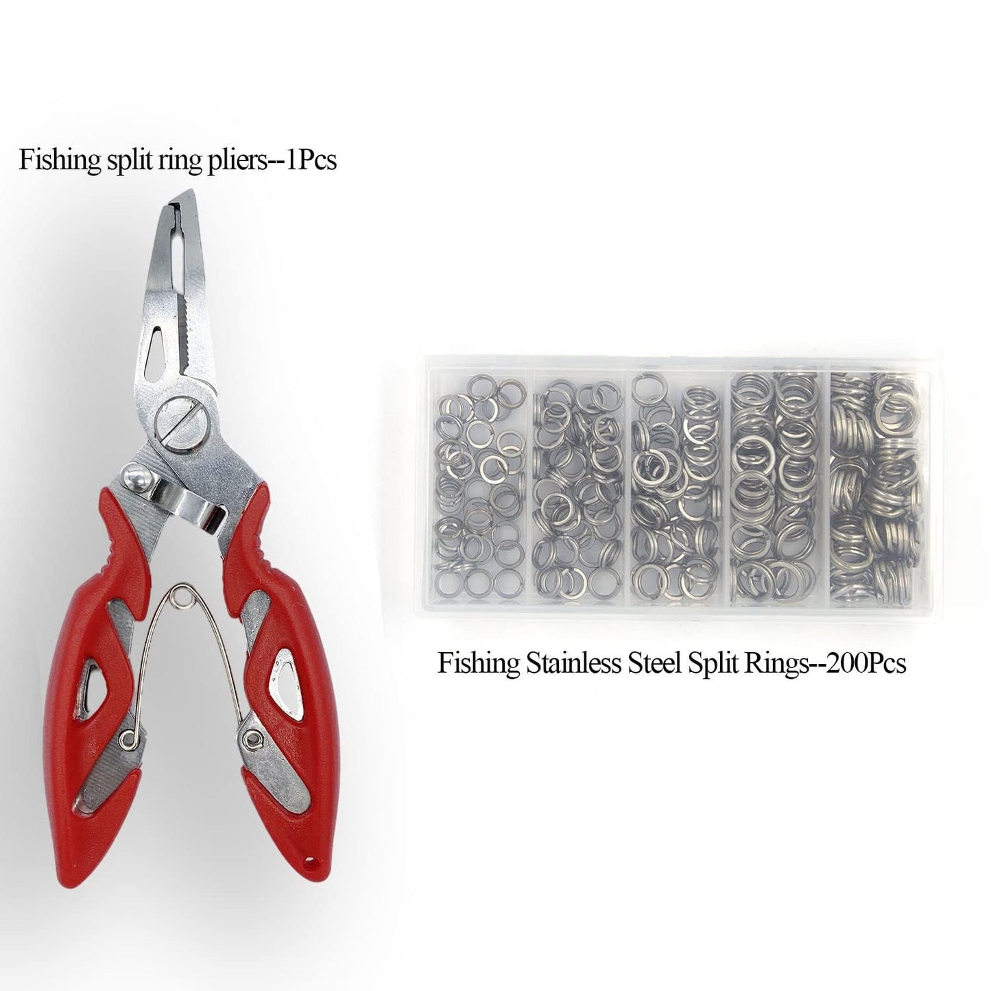 Pack of 201pcs Fishing Stainless Steel Split Rings 5 Sizes and Plier Set, Split Ring Capable of withstanding Large tensile Force and Fishing Plier Tool Kit for Saltwater Fishing Lure Connectors… (Red)