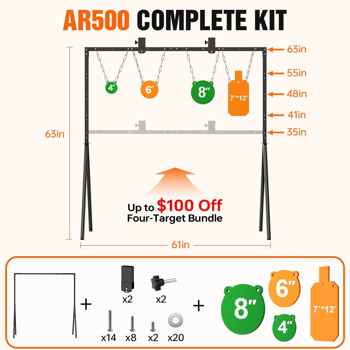 AR500 Steel Target Stand System Kit, 3/8" Thick 4", 6", 8", 7"x12" Steel Targets, Height Adjustable 35-65 Inch for Outdoor Shooting