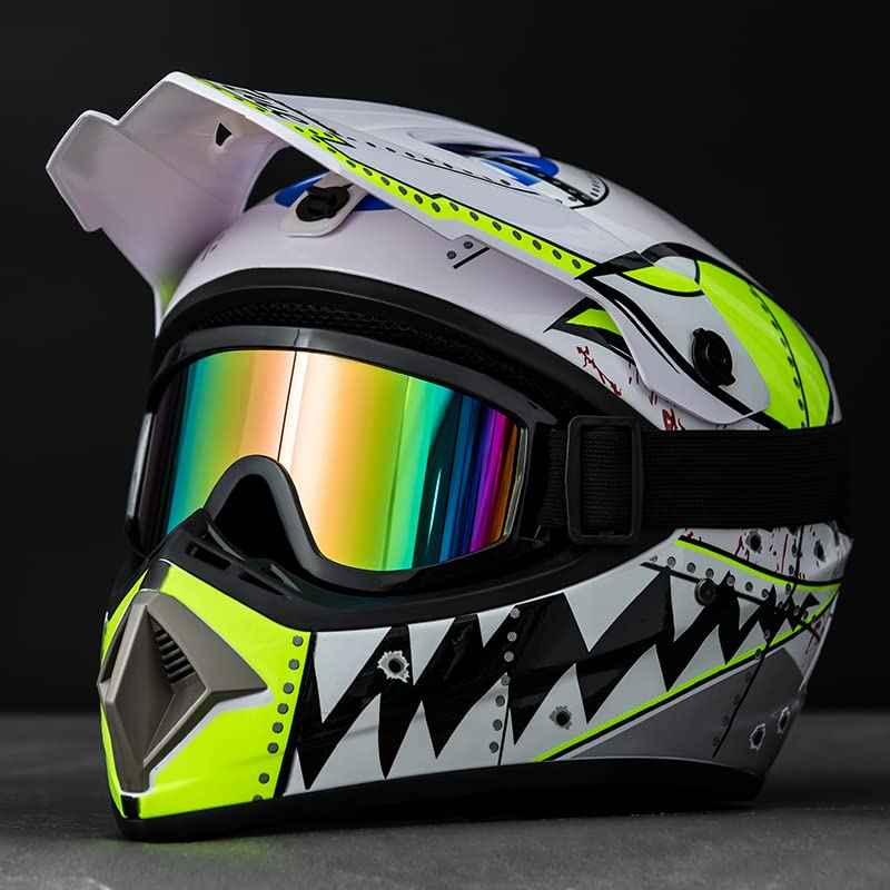 Senhill Youth ATV Dirt Bike Helmet, Motocross Helmet with Gloves Goggles Mask, Full Face Motorcycle Helmet, Adjustable Sun Visor & Quick Release Buckle, DOT/FMVSS 218 Approved (White, L)