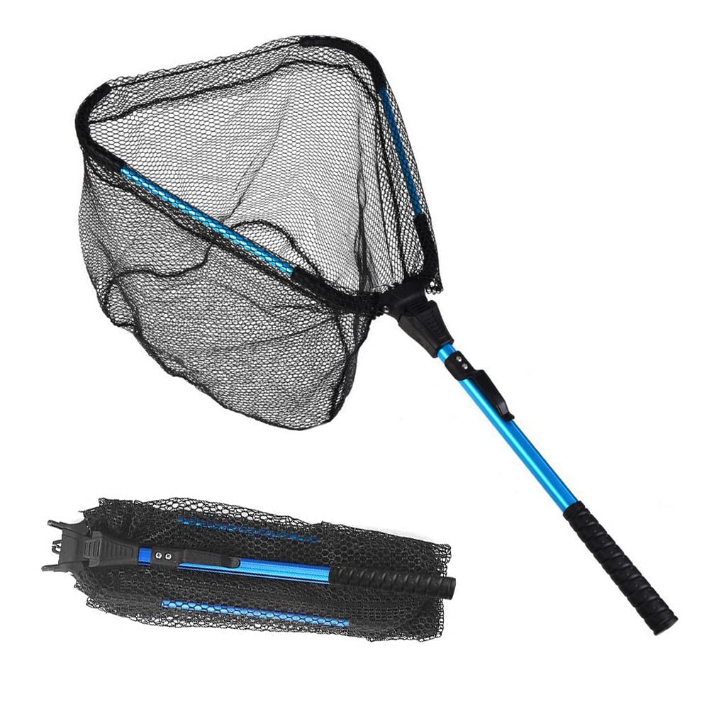 LBW Collapsible Rubber Fishing Net with Handle, Folding Kayak Net for Freshwater or Saltwater, Portable Landing Net for Trout, Catfish, Bass