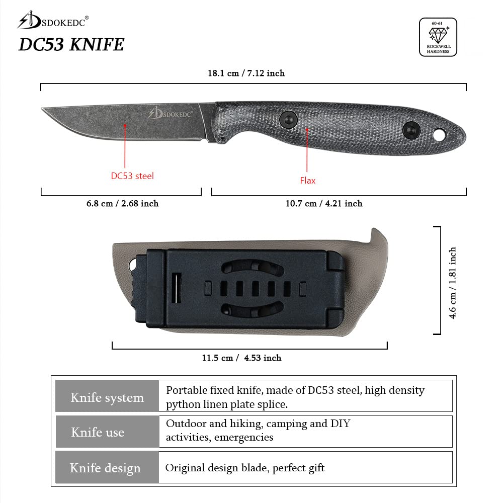 SDOKEDC Knives DC53 Steel Tactical Fixed Blade Knife with kydex sheath for Men EDC Outdoor Camping Survival Hunting (Black stone wash)