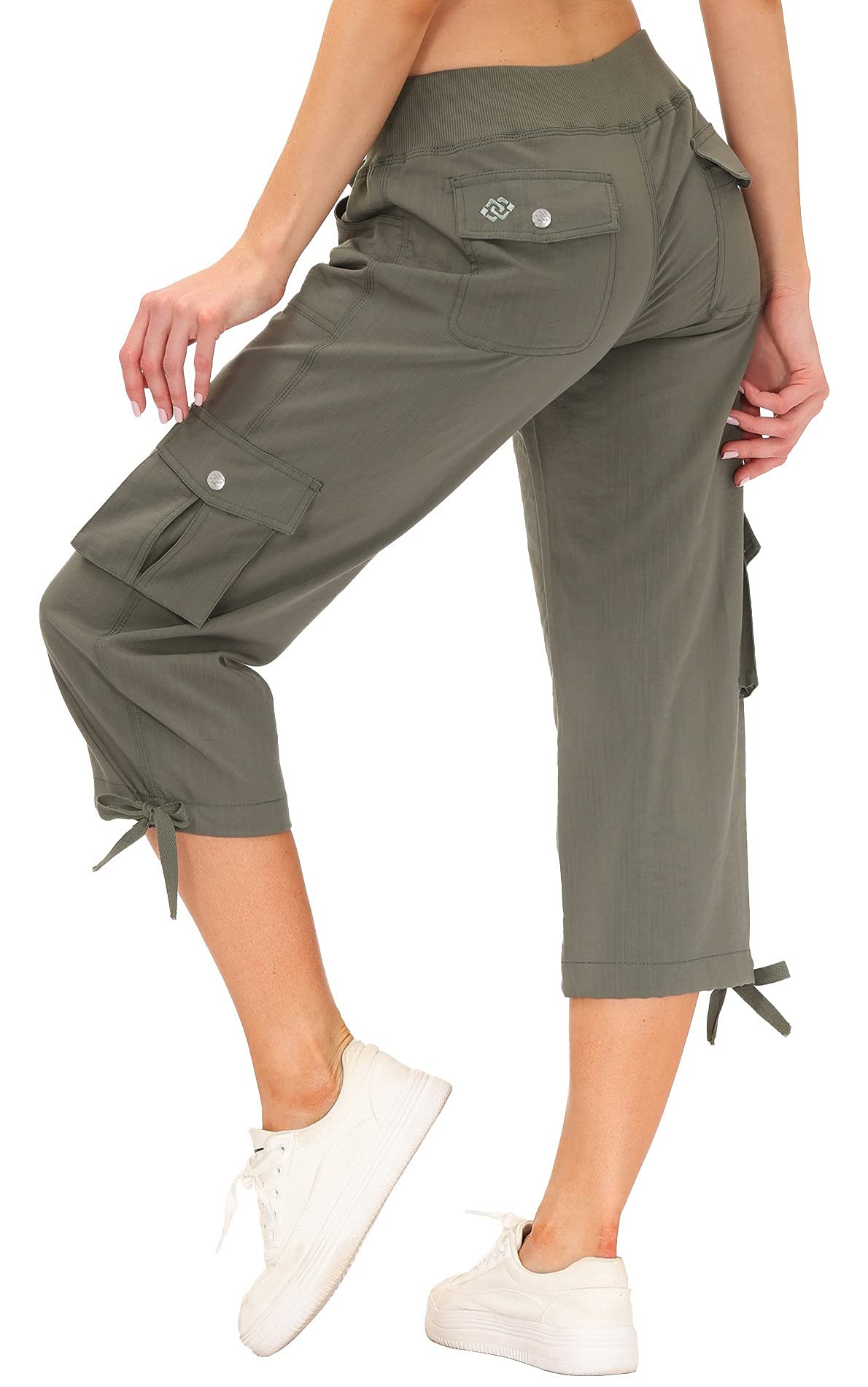MoFiz Women's Cargo Capris Hiking Pants Lightweight Quick Dry Running Outdoor Casual Shorts Button Pockets UPF 50+ Army Green S