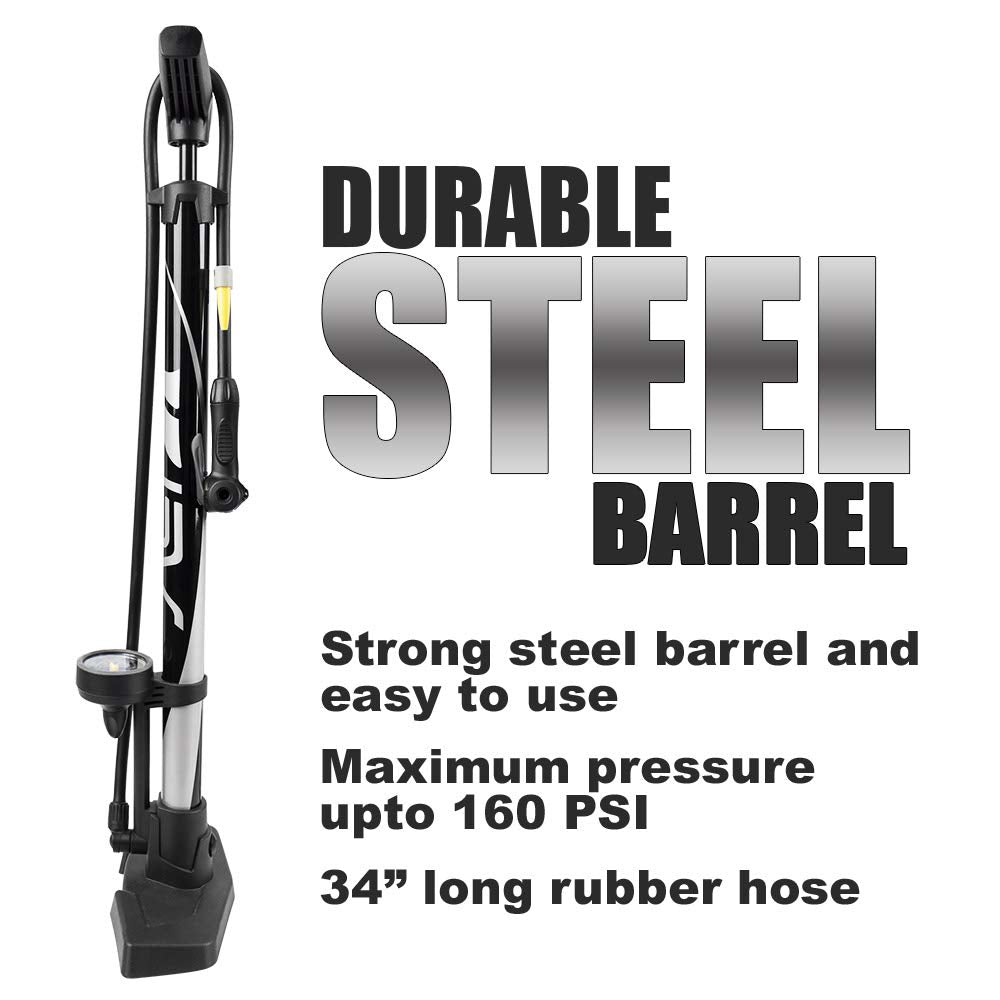 BV Bike Pump Out of Durable Steel - Bicycle Pump 160 PSI high Pressure, Bike Tire Pump 17/24 inch Smart Valve Head, Automatically Reversible Presta & Schrader, Ball Pump
