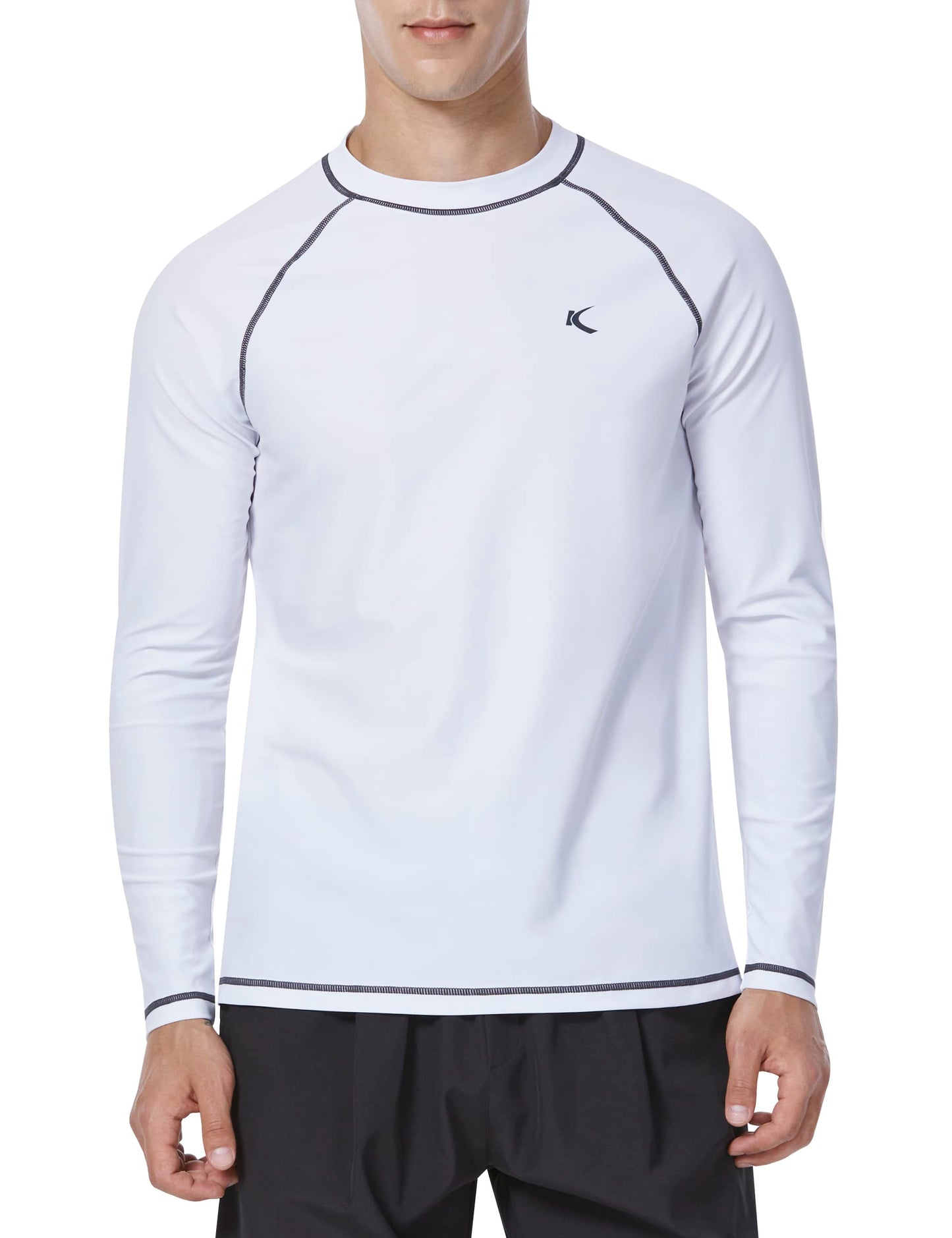 Mens Rash Guard UPF 50+ Swim Shirts UV Sun Protection T-Shirt Quick Dry Long Sleeve Beach Shirts for Fishing, White, L