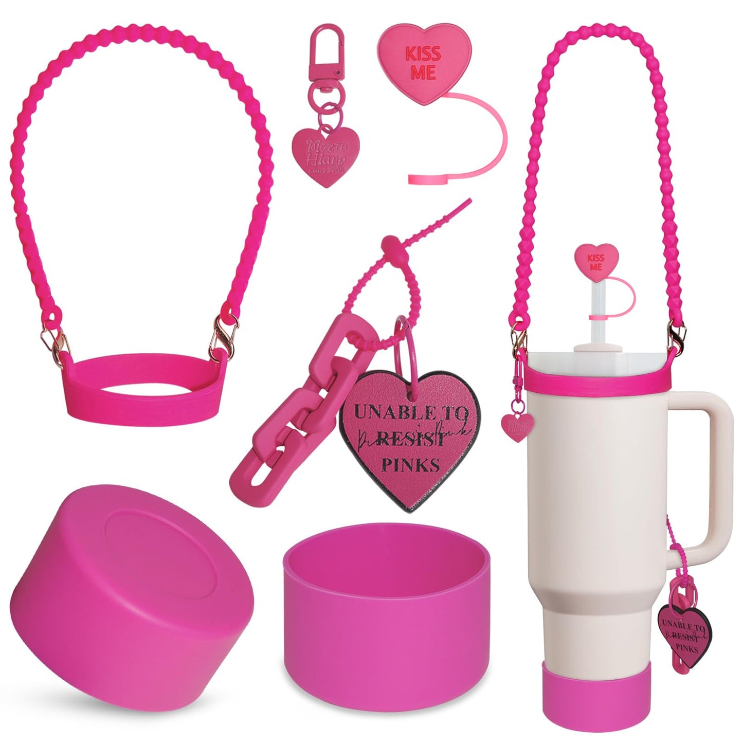 VirgoCCY 5PCS Stanley Cup Accessories Set 30&40 Oz, includes 1pcs 0.4in Straw Covers, 1 Water Bottle Handle Strap, 2 Cute Love Heart Chain Hanging Charms and 1 Silicone Boot, Hot Pink