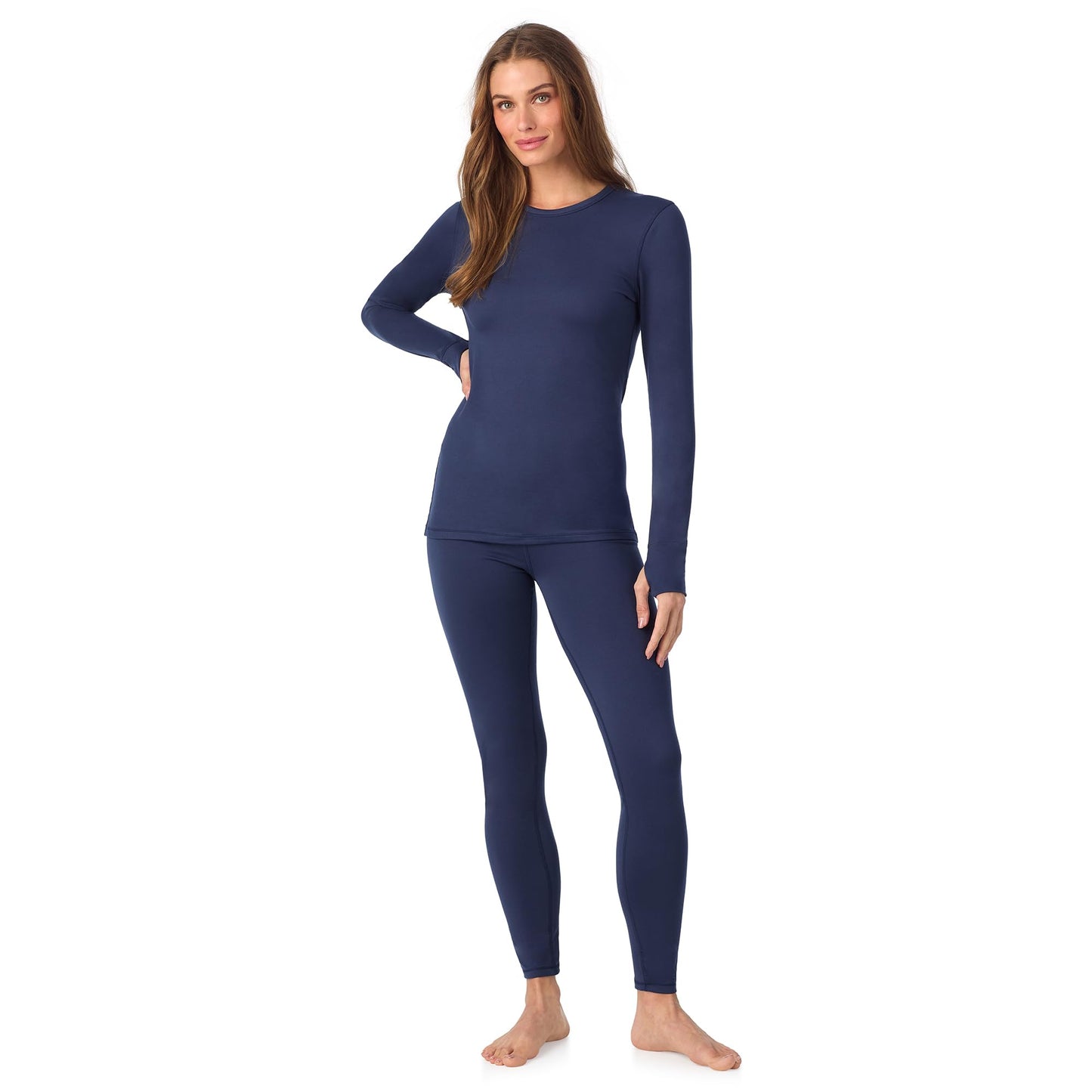 Cuddl Duds Womens Heavyweight Fleece 2 Piece Long Sleeve Thermal Underwear Set – Shirt & Leggings Base Layer for Cold Weather – Winter Clothing Long Johns Lounge Sets for Women, Navy Blue, XXS