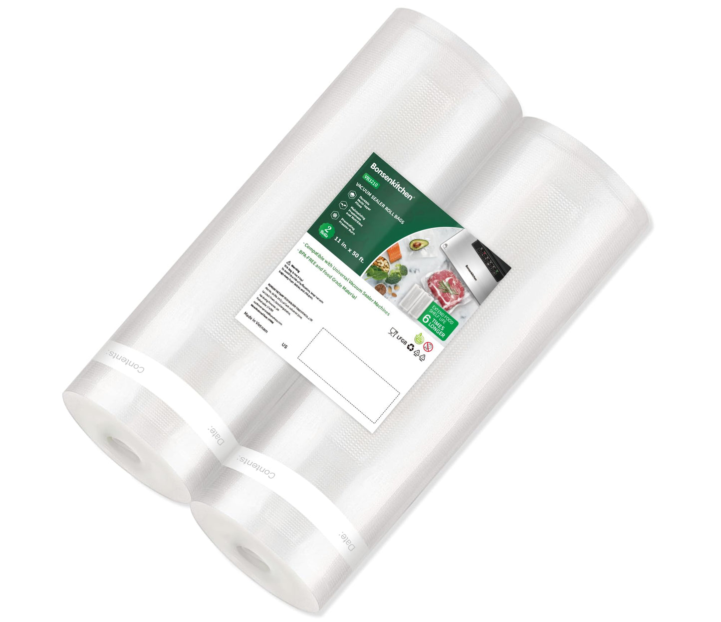 Bonsenkitchen Vacuum Sealer Bags, 11 in x 50 ft Rolls 2 Pack Seal Bags for Food Storage Saver, BPA Free, Commercial Grade Textured Food Roll Bags, Customized Size Bag for Sous Vide Cooking,VB3210